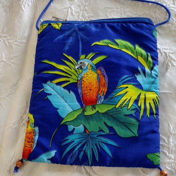 Tropical Beaded Parrot Print Drawstring Bag - Picture 1 of 3